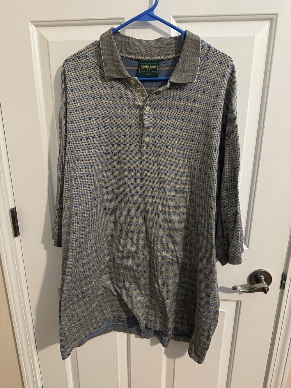 Bobby Jones Golf Jacquard Knit 3 Button Polo Shirt Gray Blue Diamond 3XT
